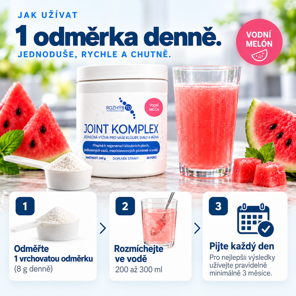 Jak užívat Joint Komplex: 1 vrchovatou odměrku (8 g) denně rozmíchejte ve vodě a vypijte
